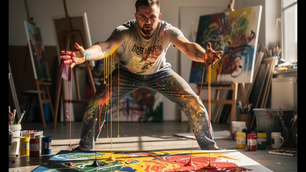 Artist performing dynamic action painting with full-body movement on large canvas
