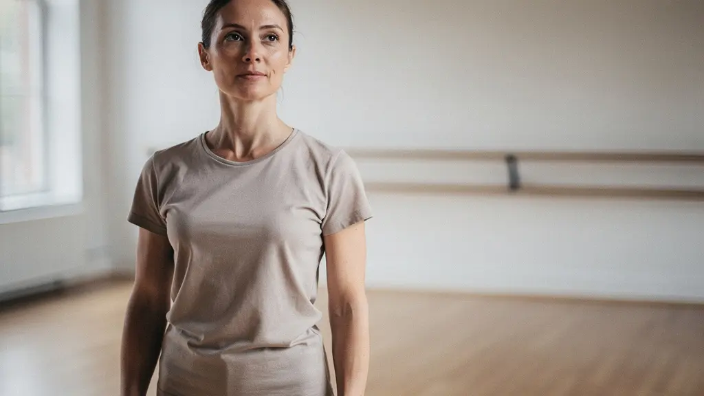 Actor demonstrating the neutral canvas posture of the Alexander Technique, showing the release of physical tensions and habitual patterns