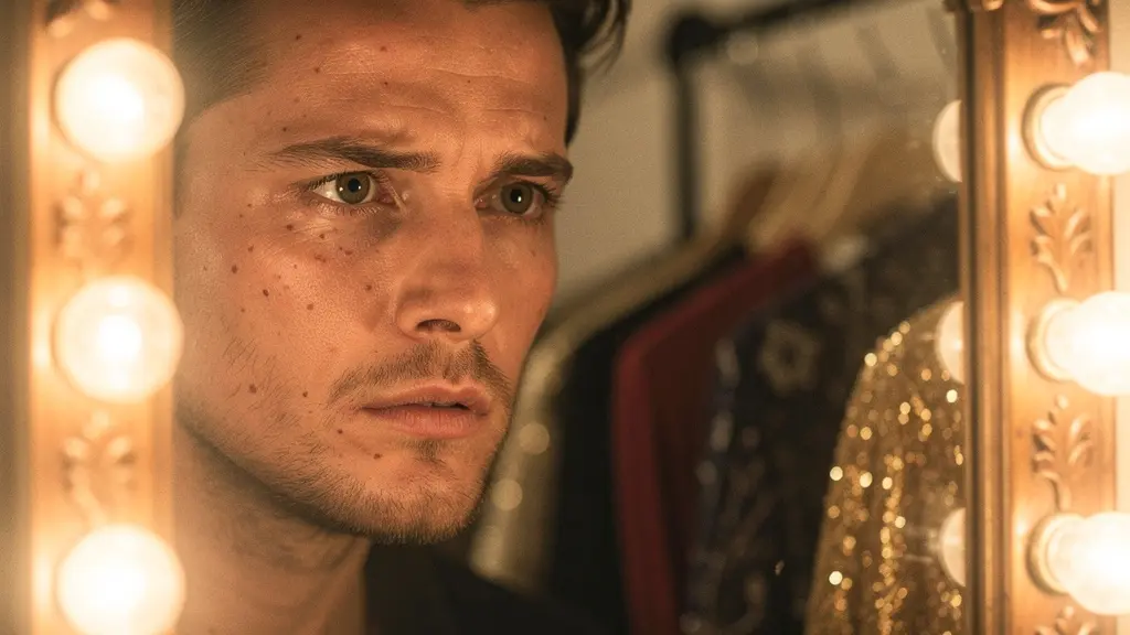 Actor's reflection in vintage backstage mirror surrounded by warm bulb lights