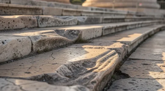 Worn ancient stone steps showing visible erosion patterns from centuries of foot traffic at a heritage site
