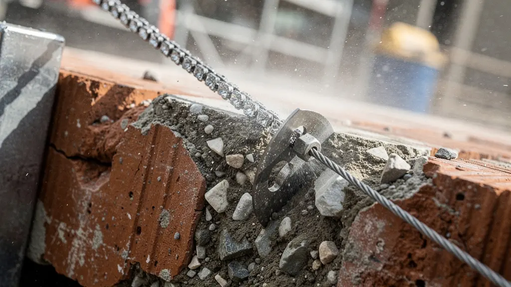 Extreme close-up of diamond wire saw cutting through ancient Roman masonry with visible mortar layers and aggregate texture