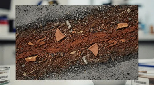 Archaeological researcher analyzing stratified soil samples under laboratory microscope