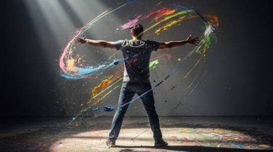 Artist in dynamic action painting pose breaking through creative barriers with expressive gestures
