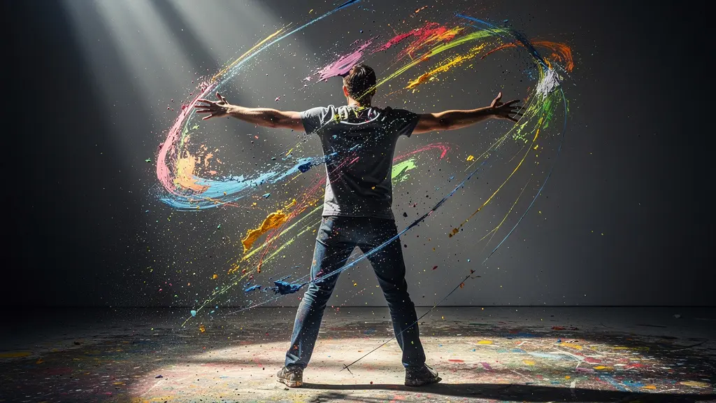Artist in dynamic action painting pose breaking through creative barriers with expressive gestures