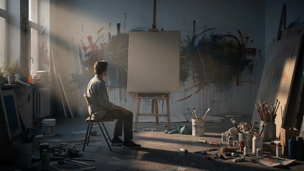 Empty artist studio at twilight showing the peaceful aftermath of intense creative work