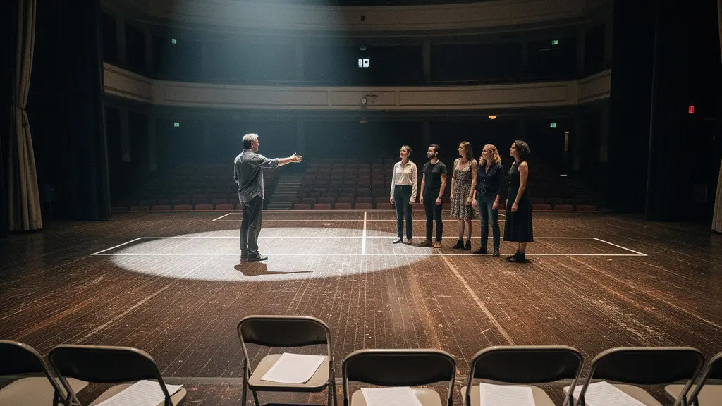 Theater director guiding actors during intense rehearsal session in dimly lit performance space