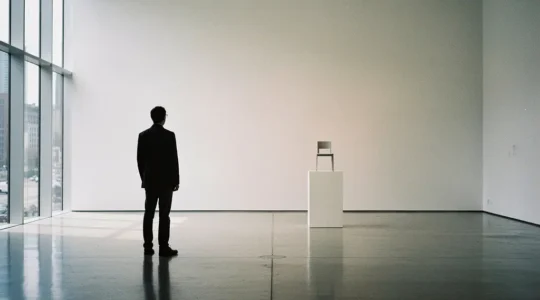 Person contemplating conceptual art installation in modern gallery space