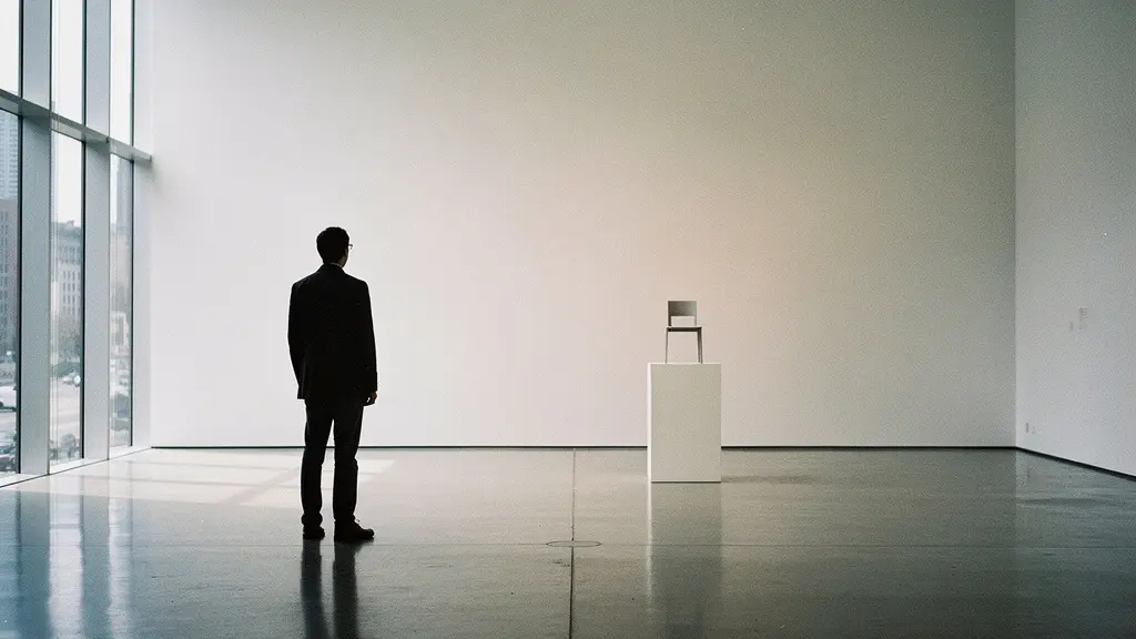 Person contemplating conceptual art installation in modern gallery space