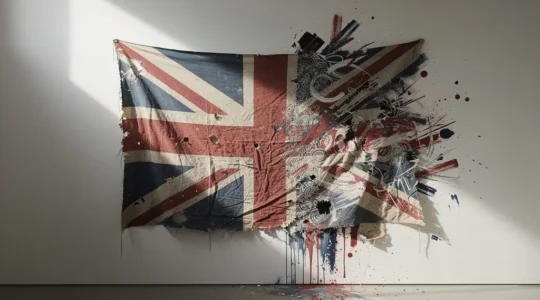 Fragmented Union Jack flag with artistic brushstrokes merging into abstract patterns