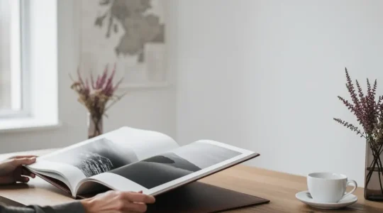 Editor reviewing landscape photography portfolio in natural light workspace