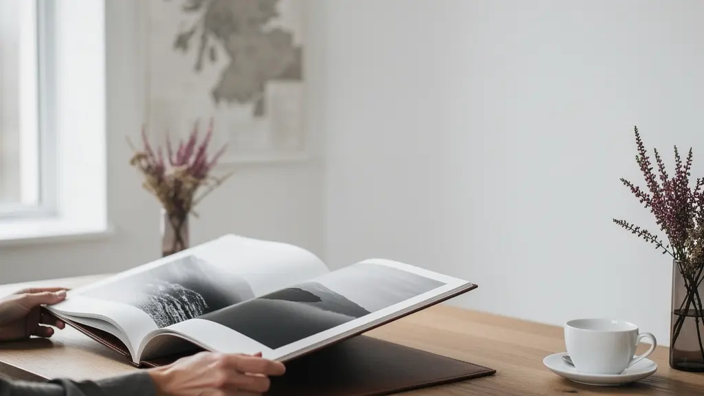 Editor reviewing landscape photography portfolio in natural light workspace