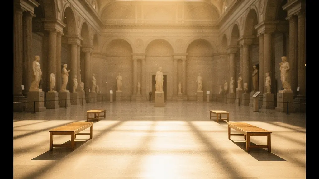 Serene view of empty British Museum gallery with morning sunlight filtering through skylights