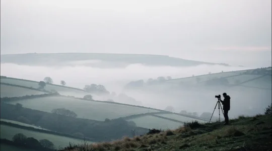 Photographer capturing misty landscape in overcast British weather conditions