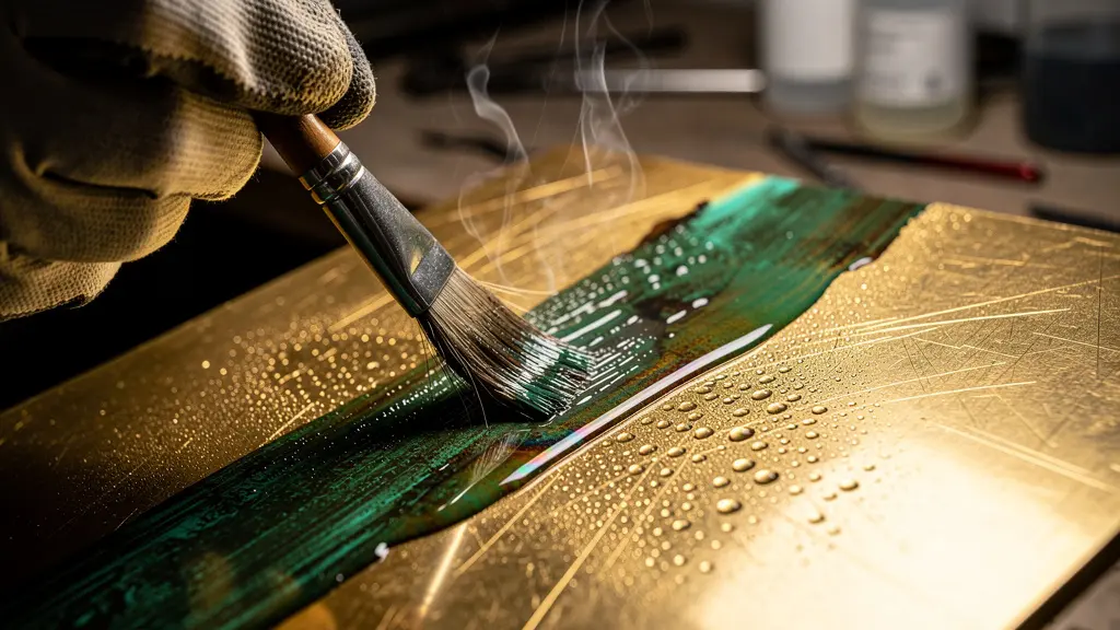 Artist applying chemical patina to heated bronze sculpture with torch