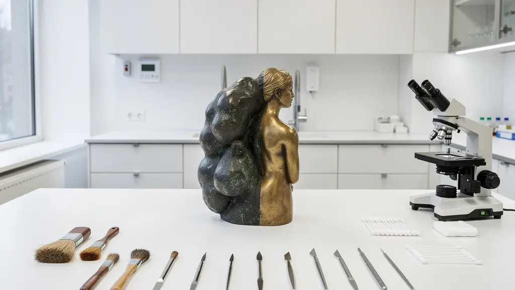 Conservation treatment comparison showing bronze sculpture patina layers