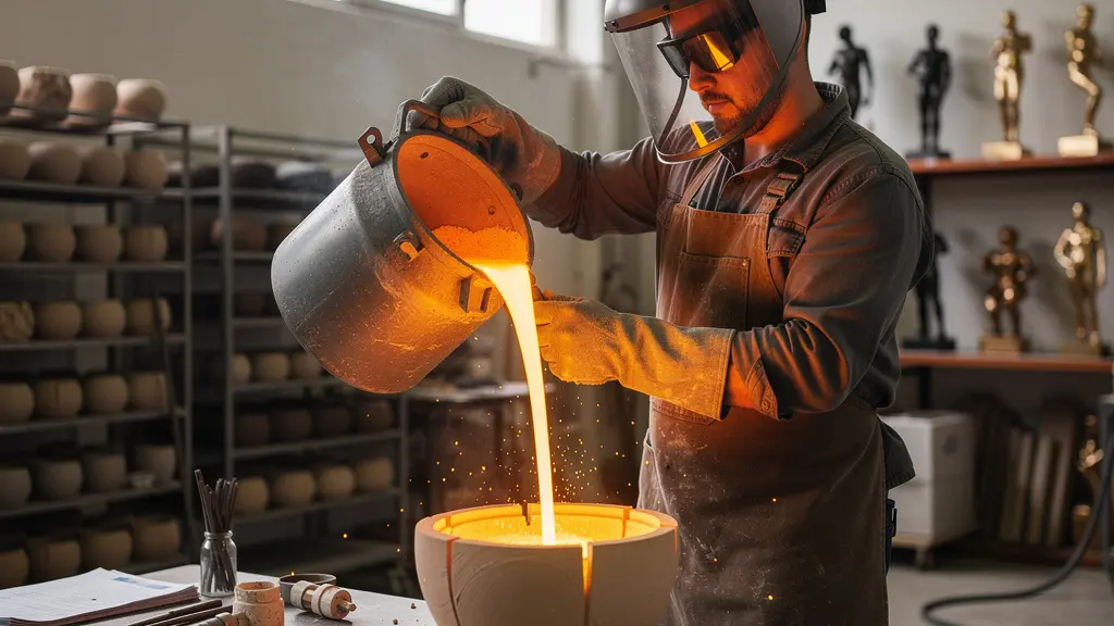 Bronze sculptor working on lost-wax casting process in a traditional foundry