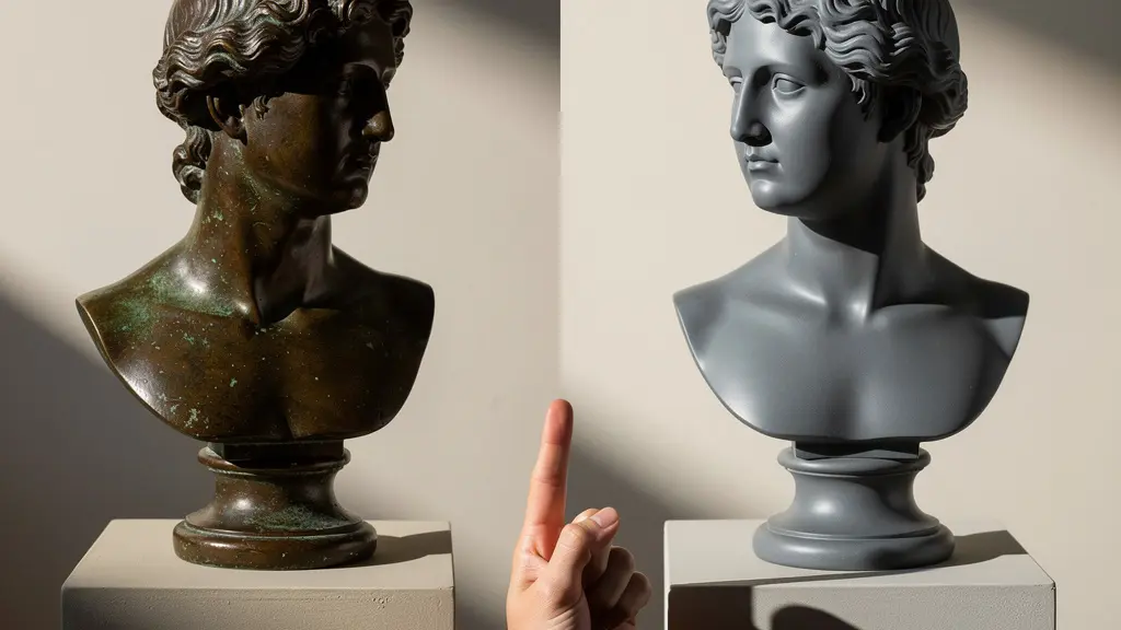 Side-by-side comparison of bronze and resin sculpture surface details