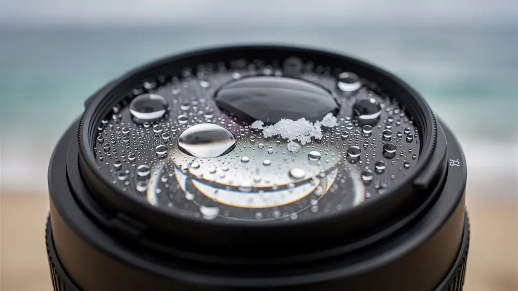 Macro shot of water droplets on a camera lens with a protective filter, shielding it from the elements.