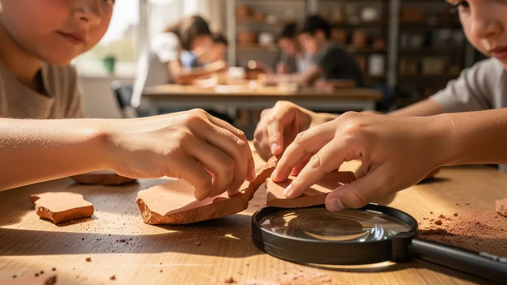 Young students assembling ancient pottery pieces in hands-on archaeological education session
