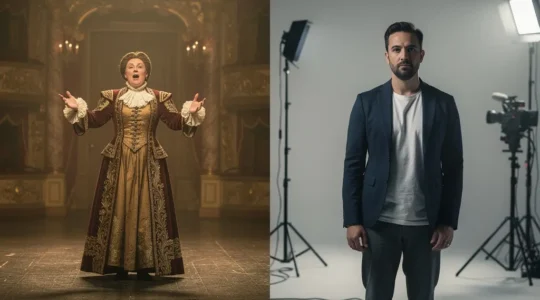 Split scene showing the same actor performing on a grand theatre stage and in front of a film camera, illustrating the transition between classical and screen acting techniques