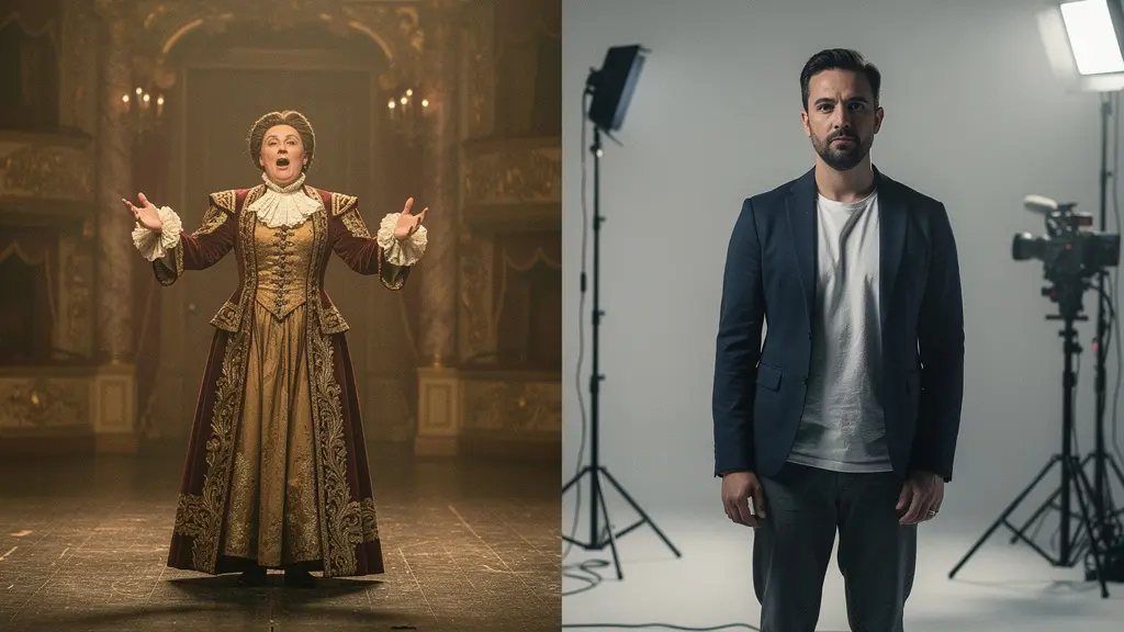 Split scene showing the same actor performing on a grand theatre stage and in front of a film camera, illustrating the transition between classical and screen acting techniques