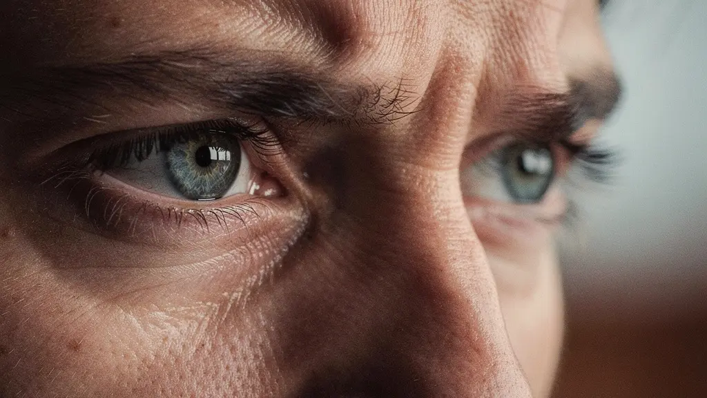 Extreme close-up of an actor's eyes showing subtle micro-expressions being captured by a film camera lens
