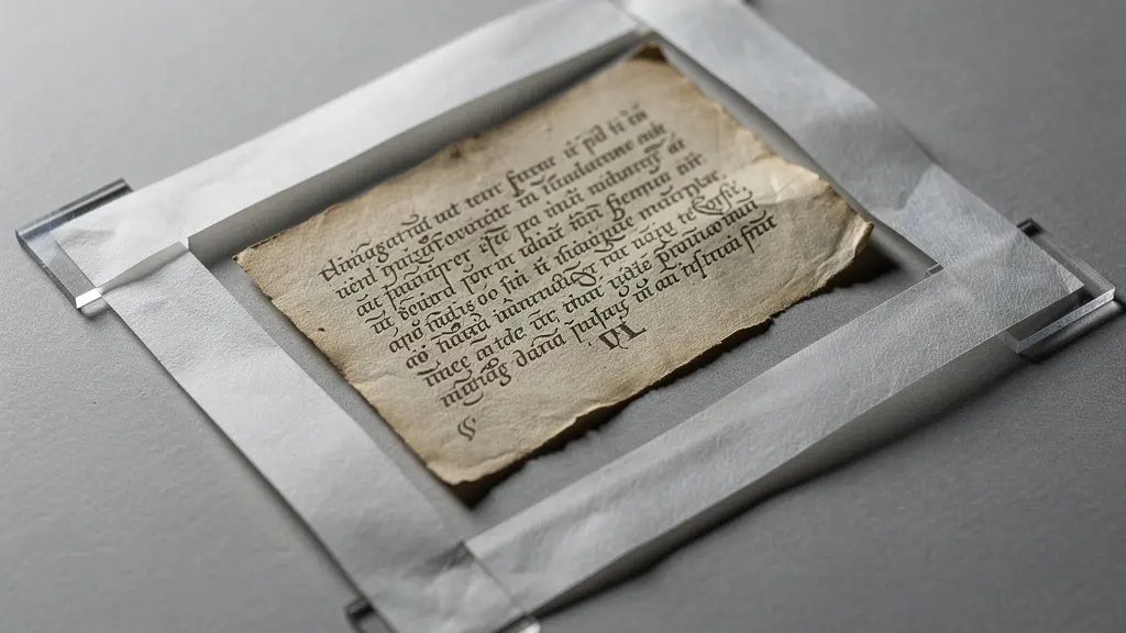 Detailed view of a reversible mounting system showing a manuscript page corner held by inert polyester film and paper hinges.