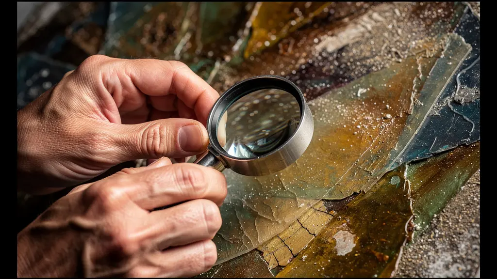 Close-up of hands examining artwork texture and craftsmanship with magnifying tool