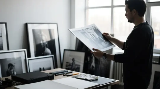 Professional photographer analyzing fine art prints in a bright studio setting