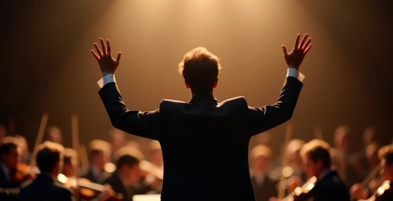 A conductor viewed from behind leading an orchestra with expressive hand gestures