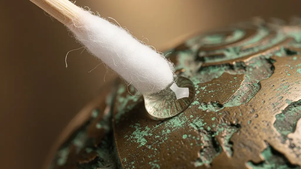 Macro view of a cotton swab applying a clear cleaning solution to the intricate, textured surface of an aged bronze artifact.