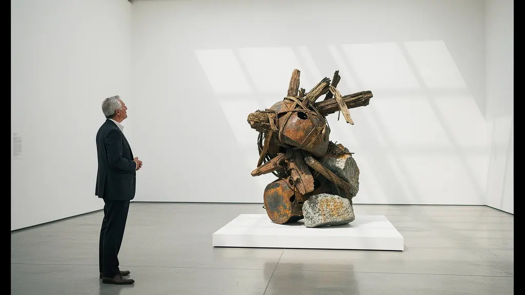 Art collector studying abstract contemporary sculpture in minimalist gallery space