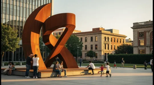 Large-scale contemporary metal sculpture in urban plaza with people interacting at different levels during golden hour