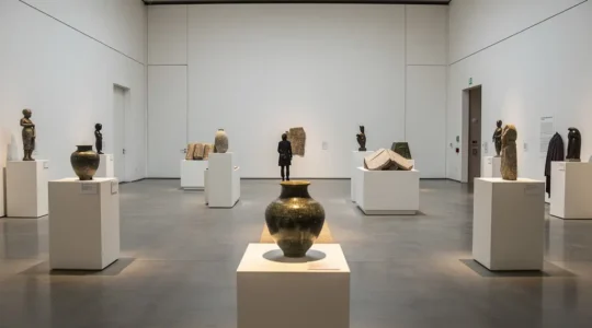 A curator carefully arranging historical artifacts under dramatic museum lighting to create visual storytelling