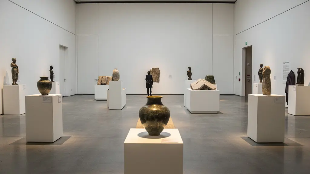 A curator carefully arranging historical artifacts under dramatic museum lighting to create visual storytelling