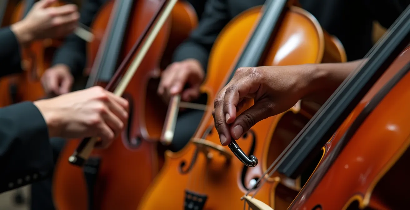Close-up of diverse orchestra musicians' hands on various instruments