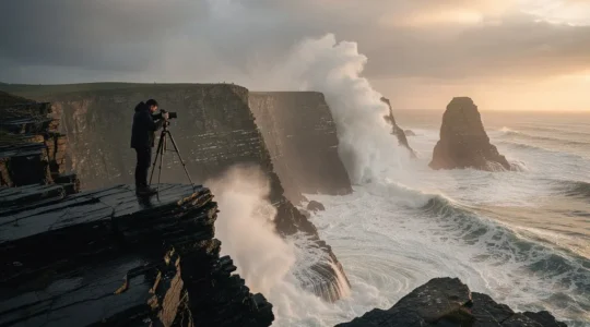 Photographer capturing dramatic seascape on Cornwall's dangerous coast during golden hour