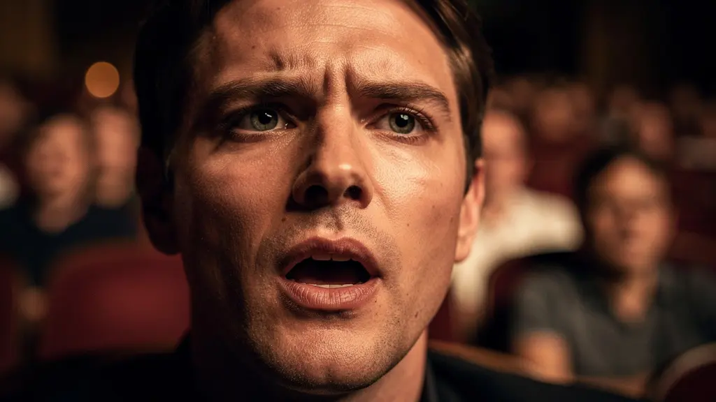 Actor mid-pause with audience leaning forward in anticipation