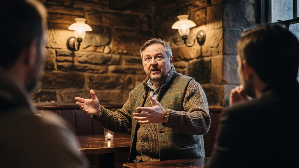 A storyteller performing in an intimate Edinburgh pub during winter