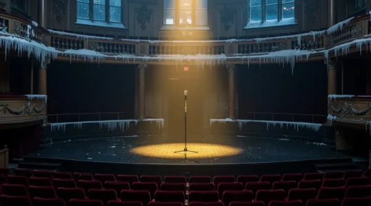 An empty theatre stage in Edinburgh during winter with a single spotlight