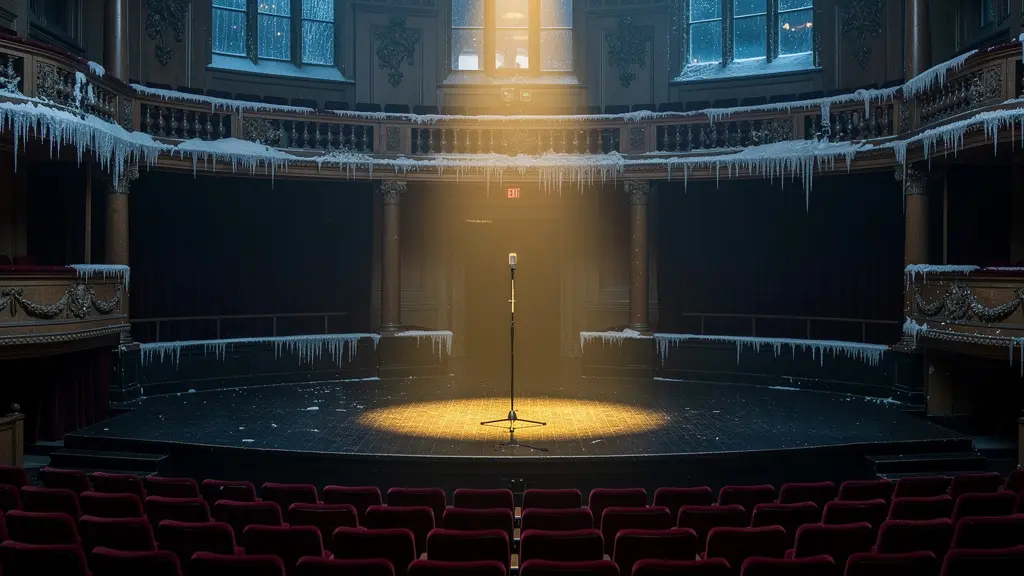 An empty theatre stage in Edinburgh during winter with a single spotlight