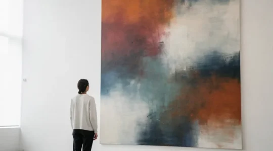 Person contemplating a large abstract color field painting in a modern gallery space with soft natural lighting