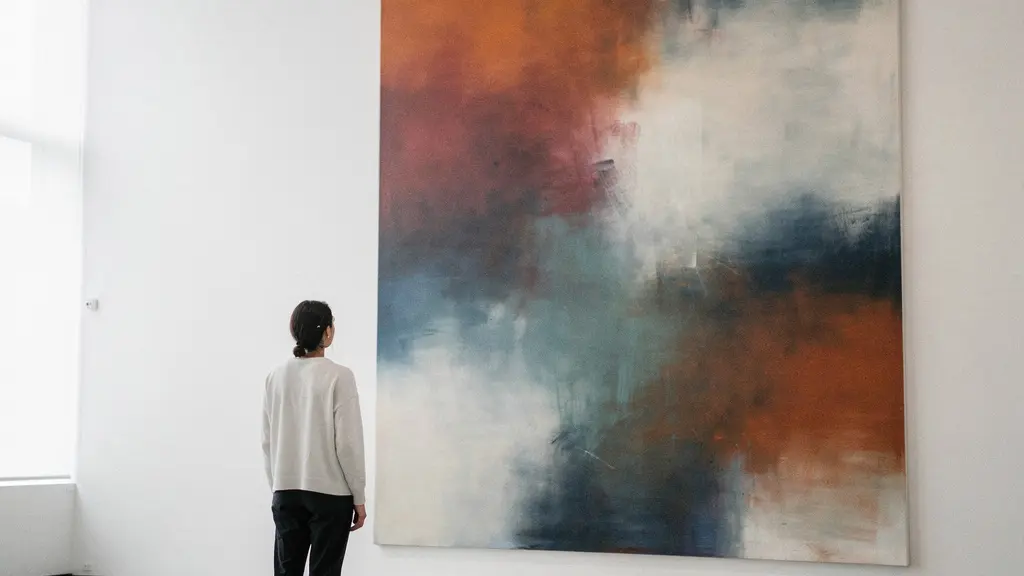 Person contemplating a large abstract color field painting in a modern gallery space with soft natural lighting