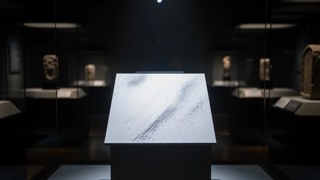 An empty museum pedestal with a subtle ghosted outline suggesting the absent artifact's former presence