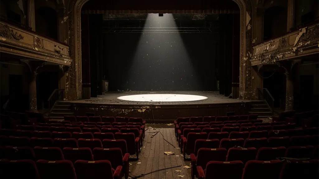 Empty theatre stage with dramatic shadows cast across bare wooden floors