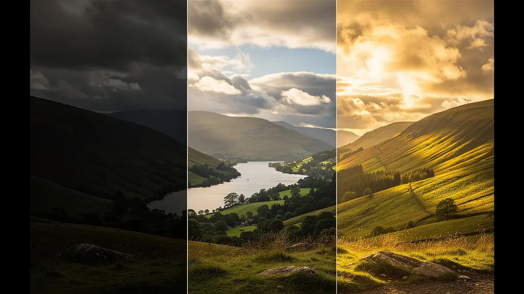 Multiple exposure blend showing dramatic light contrast between bright sky and dark valley floor