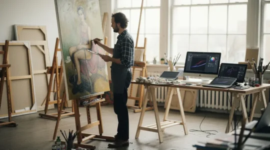 Contemporary figurative painter creating hyperrealistic portrait in modern studio with digital tools and traditional oil paints blending old and new techniques