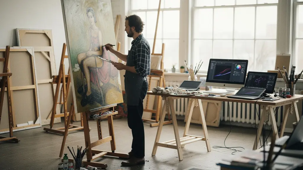 Contemporary figurative painter creating hyperrealistic portrait in modern studio with digital tools and traditional oil paints blending old and new techniques
