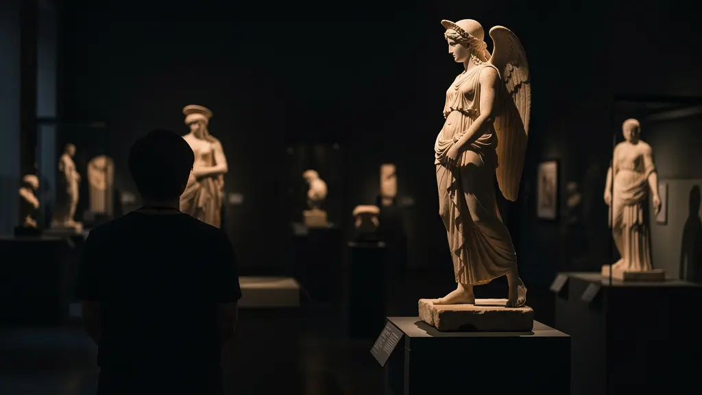 Museum gallery during evening hours with dramatic spotlighting on artifacts