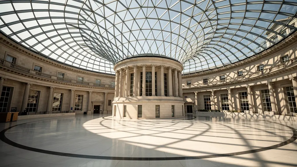 British Museum Great Court interior showing glass roof structure and stone surfaces